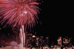 Midnight fireworks over Boston Harbor.